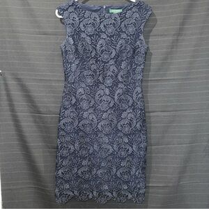 Lauren Ralph Lauren Dress 2 Navy Blue Sleeveless Sheath Crochet Overlay Womens
